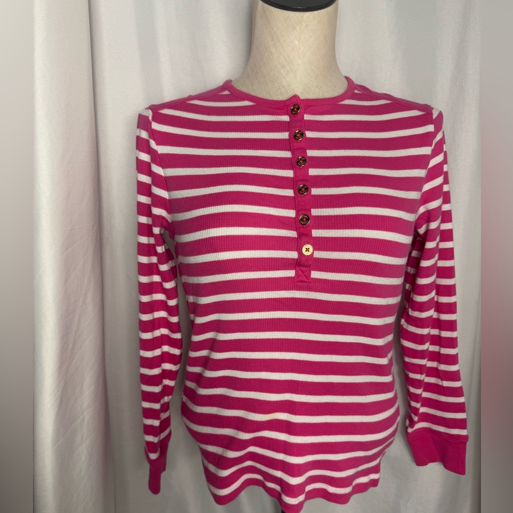 Chaps Petite Pink and White nautical Striped Women's Top PL